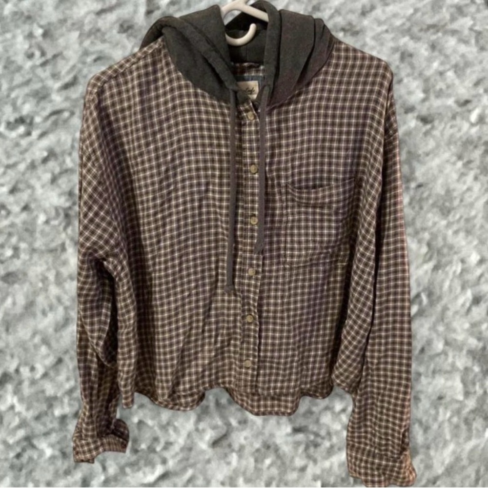 American Eagle Outfitters Brown Plaid Button-Up Hoodie